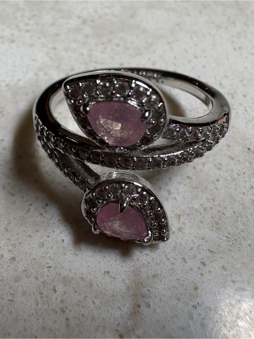 K24 Silver-Tone Pink Teardrop Double Ring - Unbranded size 6.5